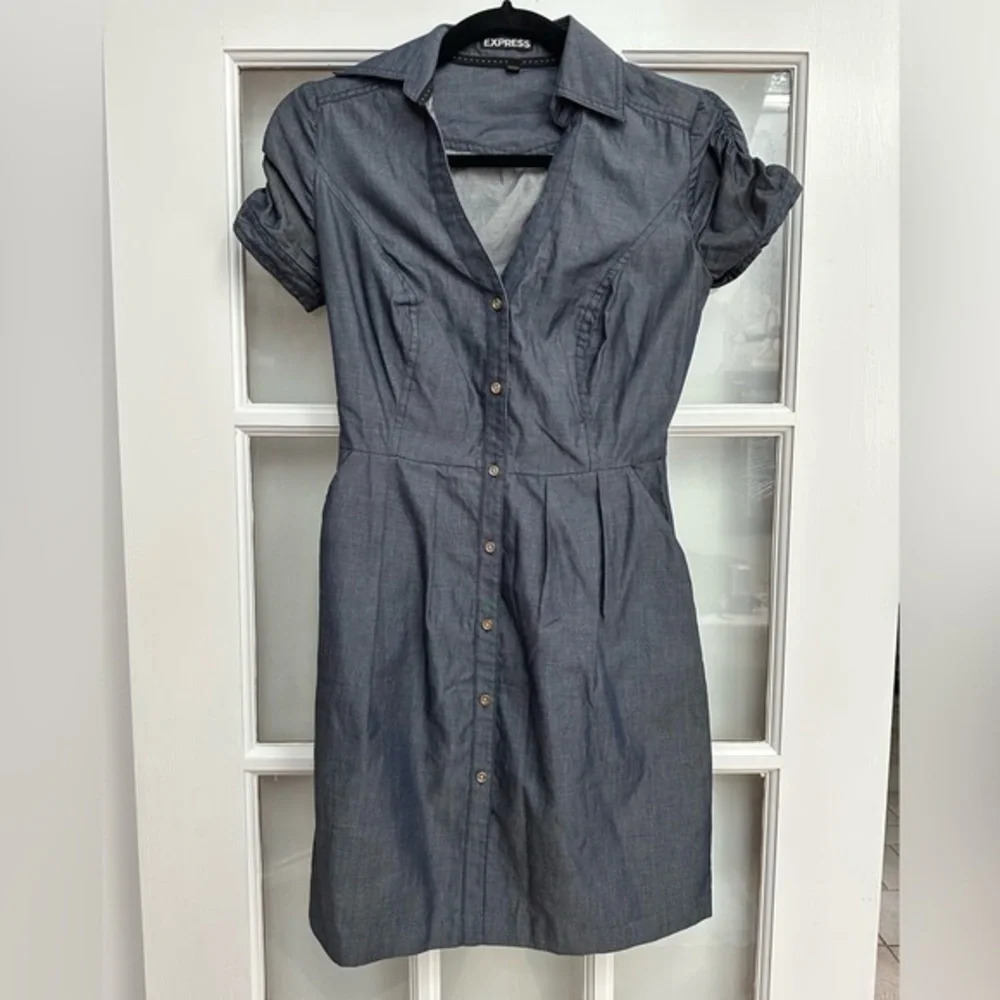 Express | Vintage Y2K Denim Blue Button Down Short Sleeve Dress Size 0 XXS